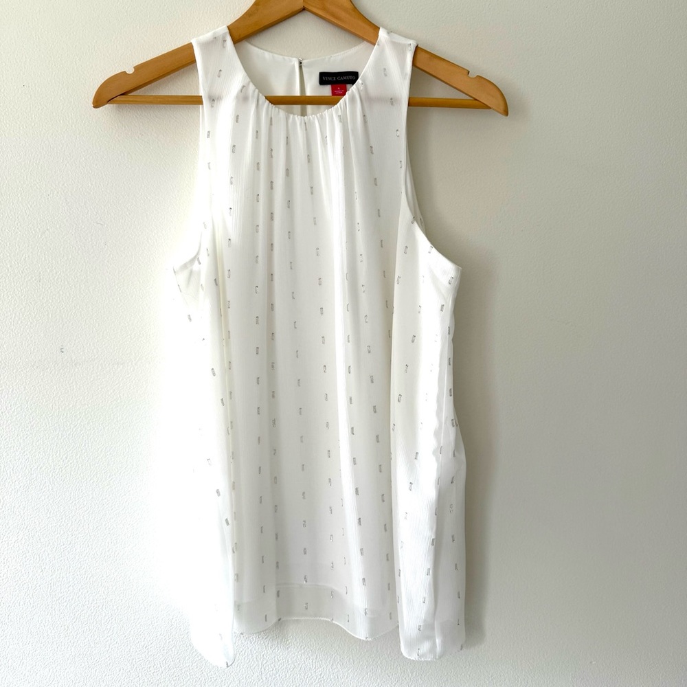 Vince Camuto White Silver Semi Sheer Sleeveless Chiffon Blouse Feminine
